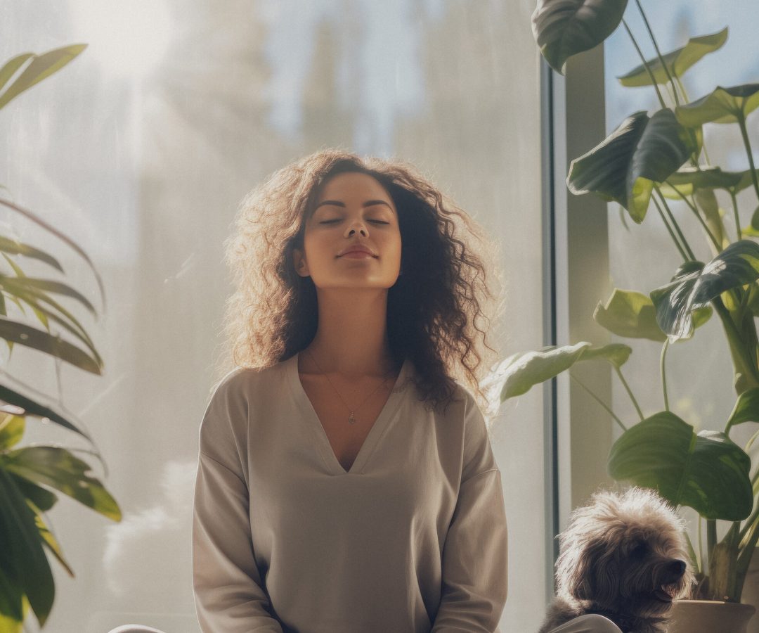woman meditating in a sunny living room, AI generated